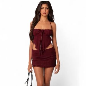 NWT Edikted Burgundy Ariyah Open Split Front Tie Back Ruffle Mesh Fairygoth M